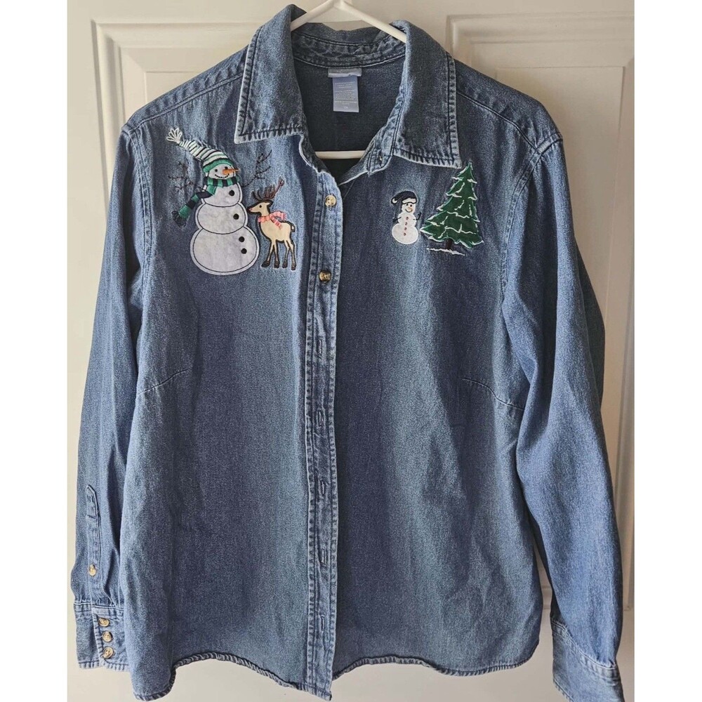Women’s Christmas‎ Denim Shirt (1X) Reindeer Snowman Tree Festive Top